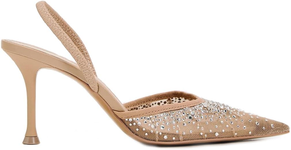 Women's Clear Slingback Heels with Pearl Studded Pointed Toe Stiletto High Heels Back Strap with Elastic Sparkly Rhinestone Slip On Wedding Party Pump Shoes