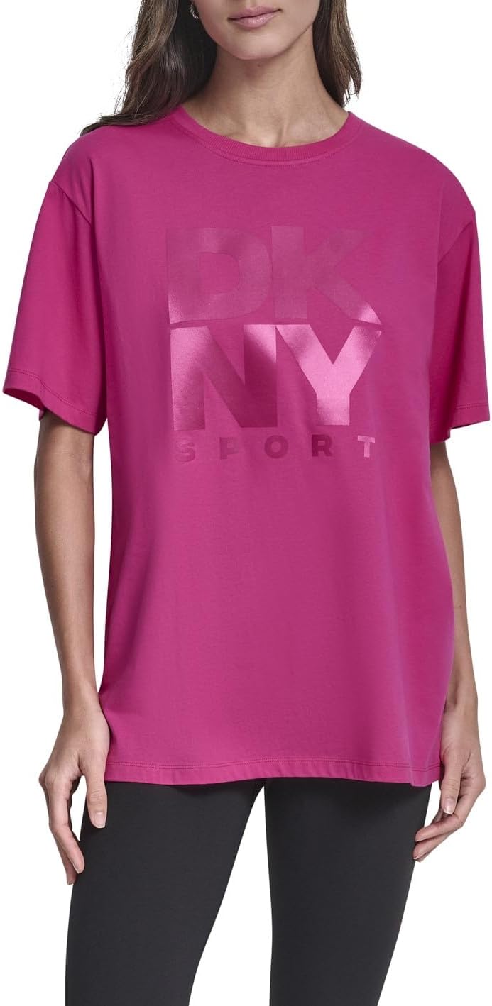 DKNY Womens Short Sleeve Stacked Satin Logo T-Shirt