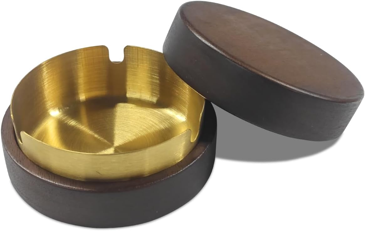 Portable Car Ashtray with Windproof Lid, Carry-on Smokeless Self-Extinguishing Cigarette Ashtray Cup Holder Mini Trash Can, Detachable Stainless Steel Wooden Ashtray for Home Office (Gold)