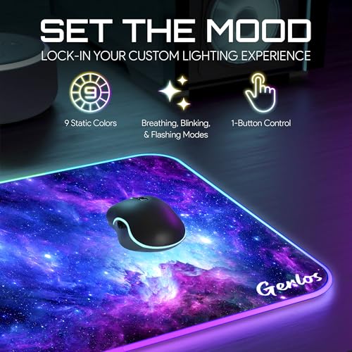 Image of Gerlos RGB Gaming Mouse Pad, Large LED Desk Mat, 31.5 x 11.8 Inch | 12 light modes, non-slip base, water-resistant surface, stitched edges