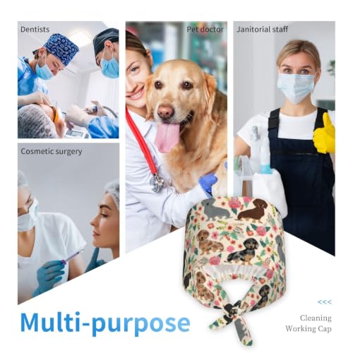 Image of Cute Pug Dog Print Working Cap Scrub Cap with Sweatband,Adjustable Fashion Bandage Tie Back Hat Headwear for Women Men