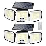 Brightown 2 Pack Solar-Security-Flood-Outdoor-Lights-with-Motion-Sensor, 223 LED 3 Head 270° Angle Street Area Security Lights with Remote, IP65 Waterproof Wall Lights with 3 Modes for Yard Outside
