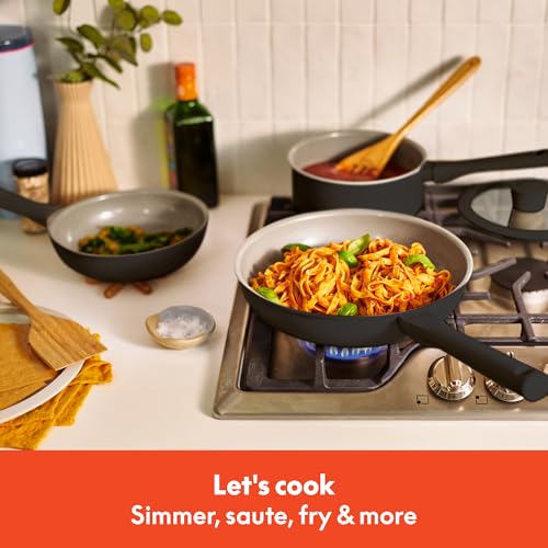 Image of bella 7 Piece Cookware Set with EverGood Ceramic Nonstick Coating, Dishwasher Safe Oven Safe, All Stovetops Compatible, Glass Lids with Silicone Rims, Cool Touch Handles, Black