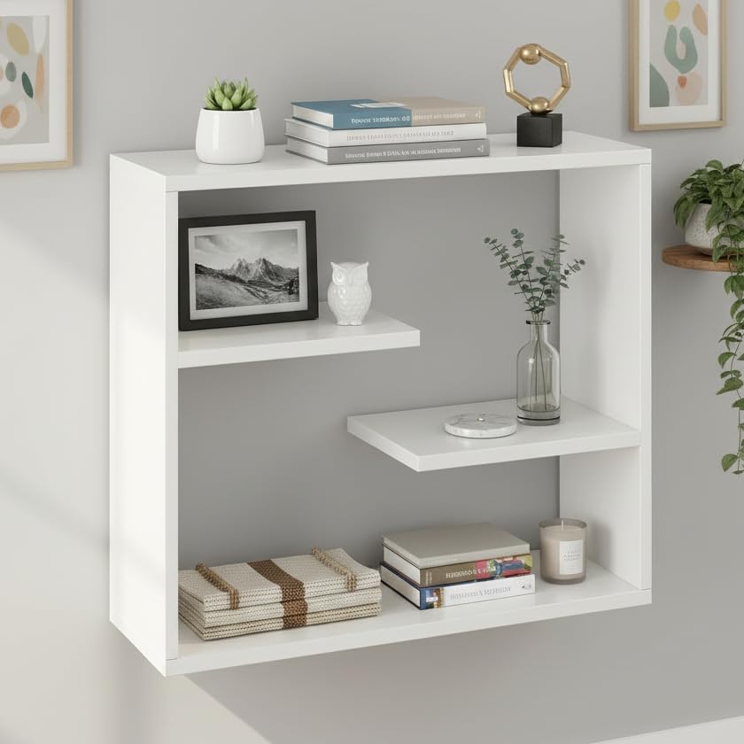 Image of FURNEASER Wooden Wall Shelves for Living Room, Hanging Decoration & Corner Display Shelf, Modern & Stylish Bookcase Bookshelf for Home Office Wall Decoration (WS-KRK)