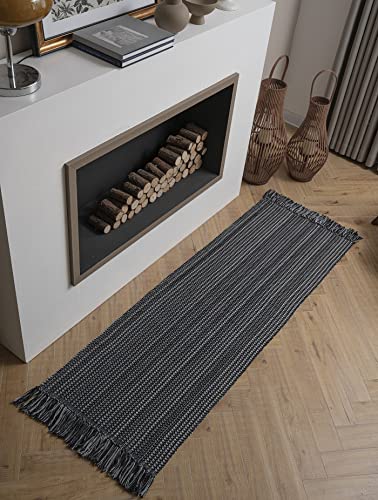 Uphome Washable Hallway Runner Rug, 2' X 6' Cotton Reversible Kitchen Rug Runner, Black Long Laundry Room Rug, Modern Farmhouse Woven Carpet For Bathroom Entryway Bedroom Foyer #TOP5