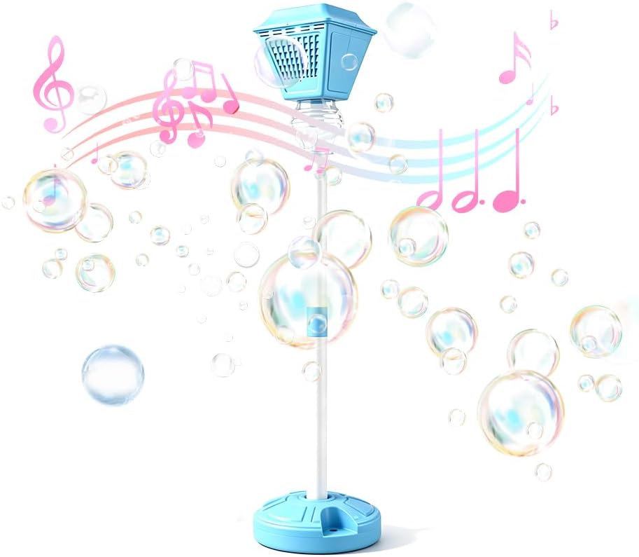 Standing Bubble Machine, Rechargeable Automatic Bubble Maker with Light Music, 3-Level Adjustable Heights, Detachable Bubble Wand for Outdoor Party Wedding and Event Decor (Blue)
