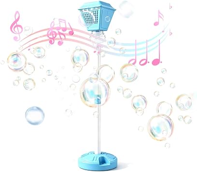 Standing Bubble Machine, Rechargeable Automatic Bubble Maker with Light Music, 3-Level Adjustable Heights, Detachable Bubble Wand for Outdoor Party Wedding and Event Decor Blue