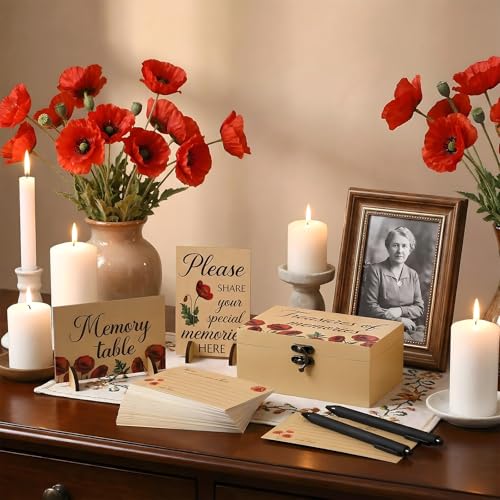 Image of Gilprop 112 Pcs Celebration of Life Memory Cards Set Share a Memory Cards with Box 2 Wood Sign with 4 Hold and 5 Pens, Sympathy Memorial Gifts Funeral Keepsake Decorations (Poppy)