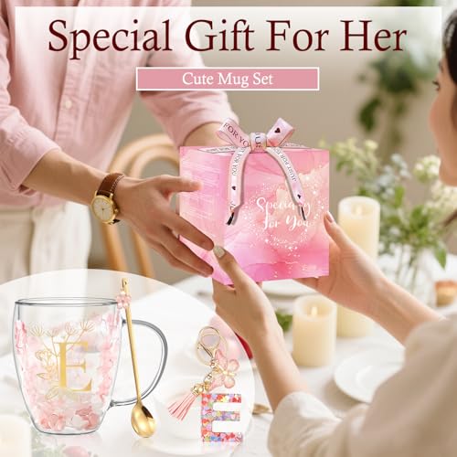 Personalized Gift for Women Double Wall Glass Flower Coffee Mug Tea cup Monogrammed Customized Birthday Valentine Mother\'s Day Christmas Gifts for Women Mom Wife Friends Sister Stocking Stuffers (E)