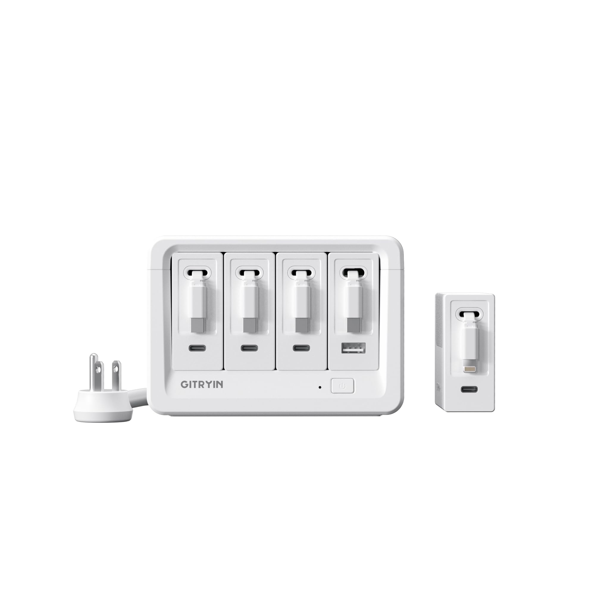 Gitryin 1 Lightning 4 Type-C Retractable Wall Chargers with 1 USB A Port and 8-in-1 Desktop Charging Station