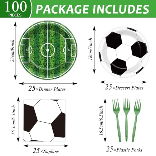 Image of Qyeahkj 100 Pcs Soccer Party Plates and Napkins Set, Sports Birthday Party Supplies, Soccer Ball Disposable Paper Dessert Cake Dinnerware Tableware, Serves 25