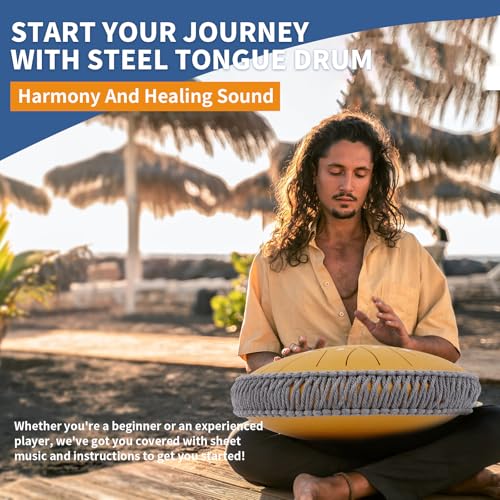 Rain Drum for Outside Garden, 13 Inches 15 Notes Rain Chime Steel Tongue Chakra Drum Gold, Hand Pan Musical Instrument Gift with Bag for Adult Kids, Mallets for Meditation Yoga - Image 7