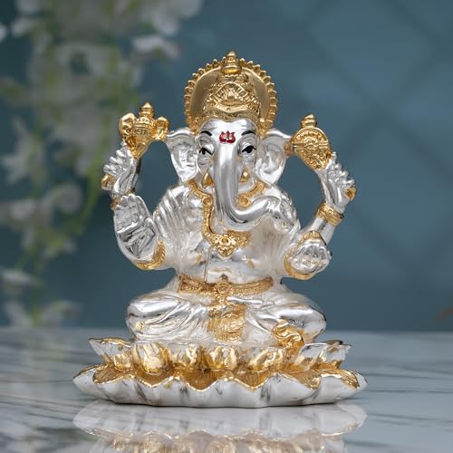 Image of Idolkart 24K Pure Gold and 999 Silver Coated Vastu Lotus Ganesh Idol /Murti for Diwali Puja, Home Temple, Office, Car Dashboard | Ganpati Vinayak Decorative Showpiece (3 inch)