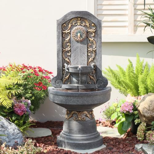 Image of Bumilgar Outdoor Wall Fountain with LED Lights, 49.8 inch H Freestanding Gilded Fleur-de-Lis European Resin Standing Waterfall Feature, European Resin Flat Back Yard