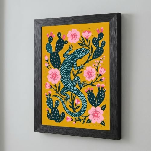 Framed Canvas Wall Art Folk Art Lizard Pink Desert Flowers Mustard Yellow Teal Blue Textured Screen Print Canvas Print Poster Black Frame Wall Decor for Living Room, Southwestern Decor - Inch 8x10 - 4