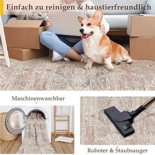 PureCozy Vintage Teppich Wohnzimmer 160x230cm Korallenrot Waschbar Carpet Rug – Ansicht 5