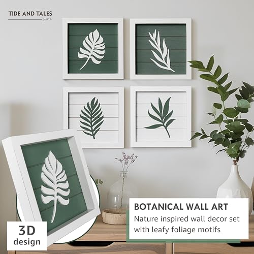 3D Green Botanical Wall Art (Framed Set of 4) Lightweight, Ready-to-Hang Leaf Decor - Wooden Minimalist Boho Wall Art for Bathroom, Bedroom, Living Room or Office - Farmhouse Plant Artwork 7"x7" - Image 2