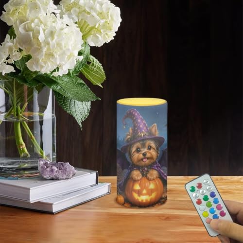 Image of Poceacles LED Flameless Candles Battery Operated Candles with Remote Control Timer Flickering Wick Pillar Tealight for Home Outdoor Halloween Decor, Wizard Hat Yorkie Dog Pumpkin Print