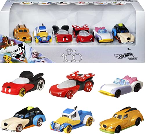 Hot Wheels Disney Character Cars, Set of 6 Classic Disney Characters as 1:64 Scale Toy Cars, Special Disney100 Collector’s Packaging, For Kids and Collectors