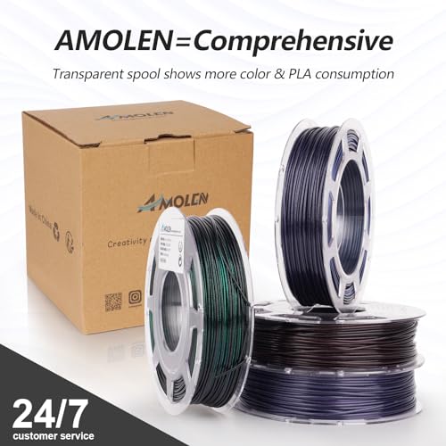 Image of AMOLEN PLA 3D Printer Filament,PLA Filament 1.75mm,Silk Shiny Filament Bundle, Black Red, Blue,Purple,Green, 3D Printing Filament Bundle, 200gX 4 Spools