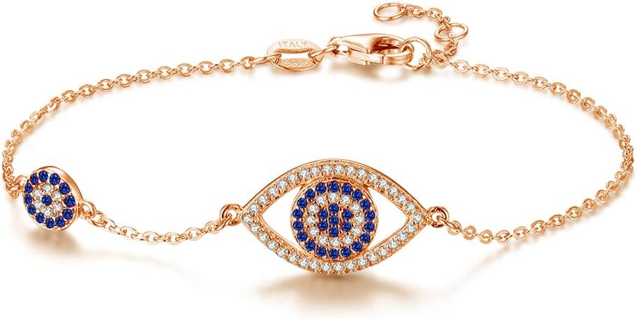 TONGZHEBlue Evil Eyes Link Bracelet Sterling Silver 925 Cubic Zirconia Chain Adjustable 7"