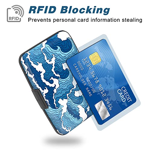 Image of Credit Card Holder, Mini Aluminum Card Wallet RFID Blocking Slim Metal Hard Card Case for Women Men, Blue Sea Wave