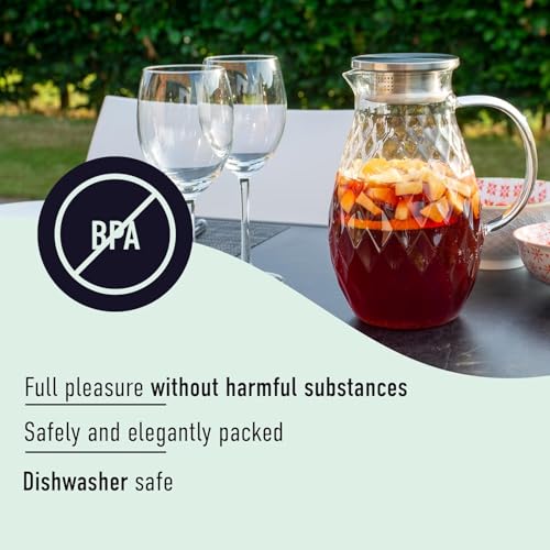 Foto von Karaffe aus Borosilikatglas mit Deckel und Ausgießer - Glaskaraffe mit einzigartigem Rautenmuster für 2 Liter kaltes oder heißes Wasser - Getränkekanne für hausgemachten Eistee und Saft