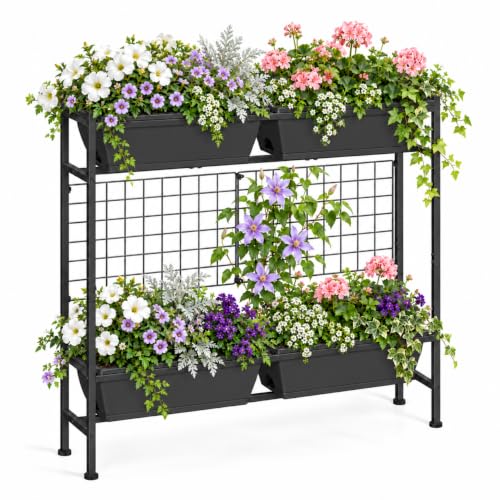 OYEAL Raised Garden Beds Outdoor with Legs 32" Tall Herb Garden Planters Box Raised Flower Beds for Gardening, Vertical Privacy Planter with Trellis for Patio, Porch, Backyard, Balcony, Grey