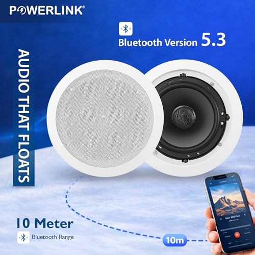 Image of Powerlink TWS2.0 Bluetooth Flush Mount in-Ceiling 2-Way Speaker System Quick Connections Polypropylene Cone & Polymer Tweeter Stereo Sound 60 Watt (30W Each) for Office, Gym, Home Theater (Pack of 2)