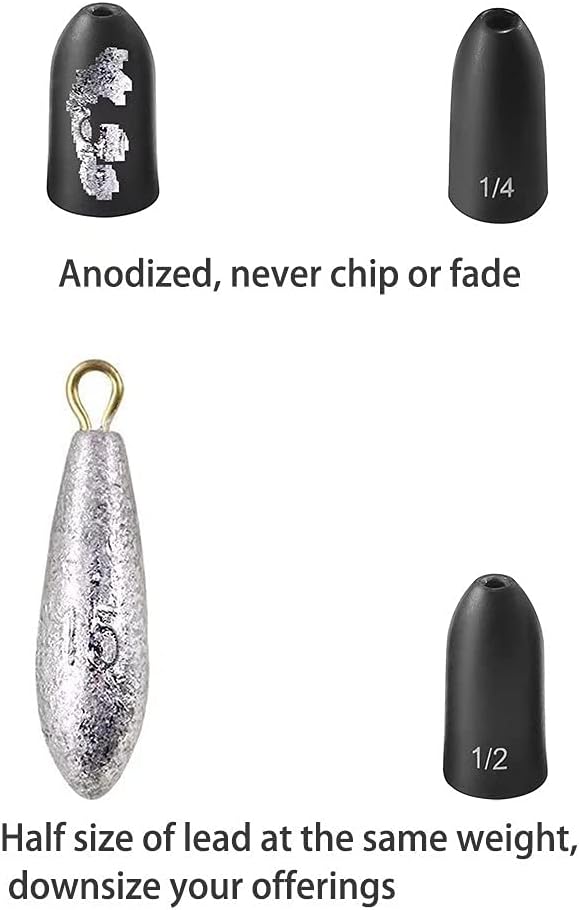 12 Pack Tungsten Bullet Fishing Weights, Insert Free Worm Sinkers, 1/8 3/16 1/4 3/8 1/2 oz