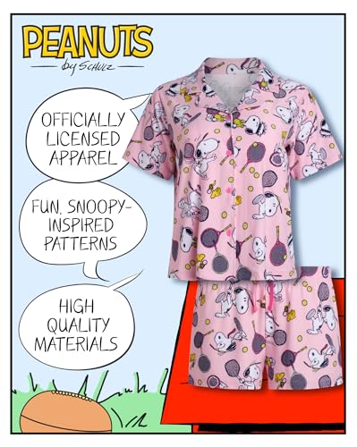 Image of COCO BRANDS Peanuts Snoopy Womens Pajama Set - 2 Piece Short Sleeve Button Down Sleep Shirt and Pajama Shorts