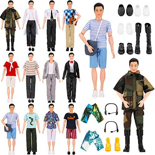 40 Pieces Male Doll Clothes and Accessories for 12 Inch Boy Dolls Include 12 Sets Clothes 2 Pieces Beach Pants 6 Pairs Shoes 2 Pieces Headset