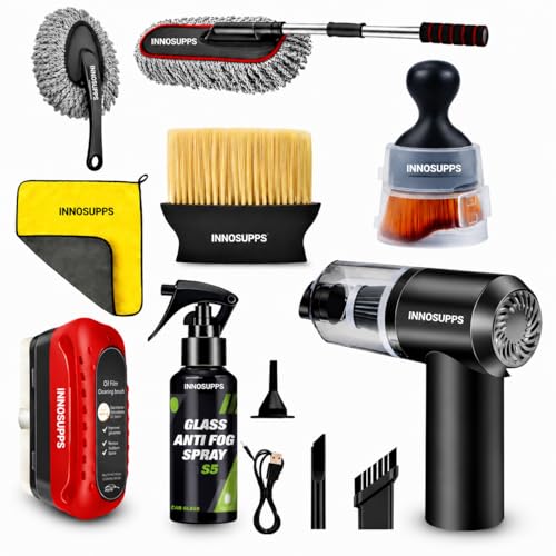Image of INNOSUPPS Car Cleaning Kit Combo with Cordless Mini Vacuum Cleaner, Microfiber Cloth, Long Handle Duster, Anti-Fog Glass Spray & Interior Brushes | Complete Car Detailing Accessories Set