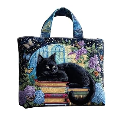 Borsa tote trapuntata con gatti neri, motivo floreale, morbida, leggera, per donne e uomini, uso quotidiano, Multicolore, 13.4 x 4 x15.8 inches