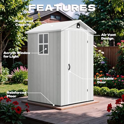 Image of Devoko 4x4 FT Resin Storage Shed with Floor, Plastic Outdoor Garden Shed with Windows and Lockable Doors, Waterproof Outside Tool Sheds for Patio Backyard Lawn, Light Gray