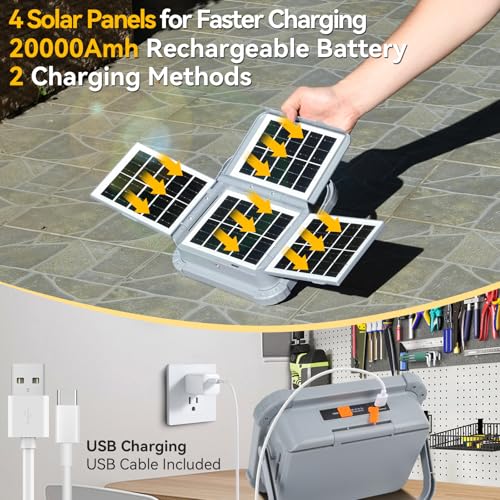 4 Solar Panels Work Light 120W,Portable Camping Lights 20000mAh Battery with USB C Charging Ports as Power Bank,Bright 12000LM 3Modes+Stepless Dimming Flood Light IP66 Waterproof — view 2