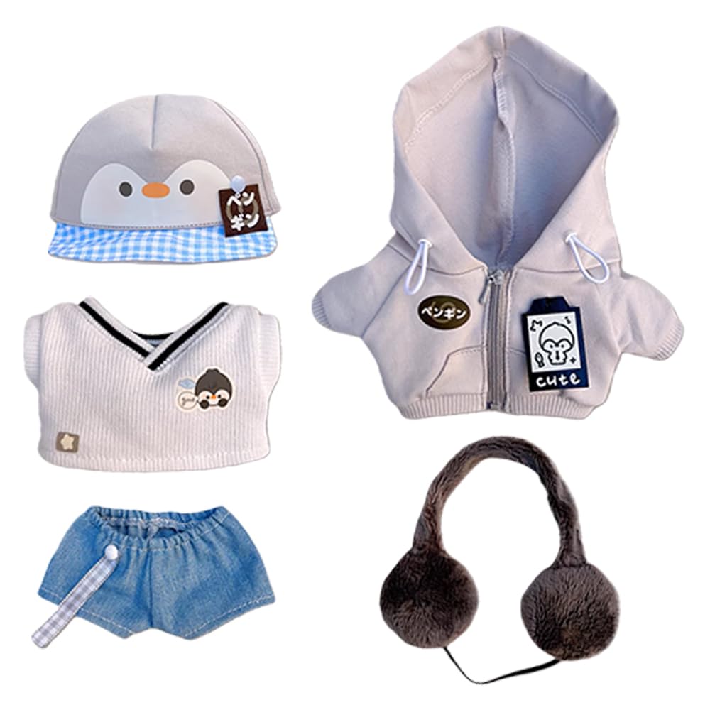 niannyyhouse Plüschpuppenkleidung, College-Pinguin-Set, 10 cm, 15 cm, 20 cm, Stofftier-Verkleidungszubehör (grau + blau, 15 cm)