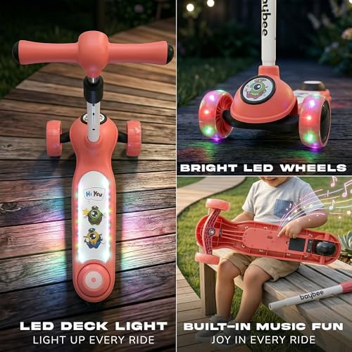 Image of Baybee Rolo Kick Scooter for Kids, 3 Wheel Kids Scooter with 3 Height Adjustable Handle, Music & Rear Brake, Skate Scooters with PU LED Wheels | Runner Scooters for Kid 3+ Years Boys Girls (Pink)