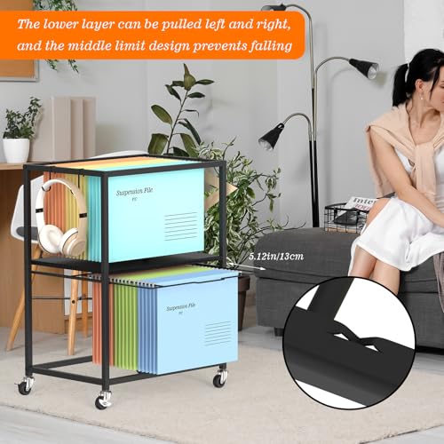 YBING Carrinhos de arquivo com rodinhas para pendurar, 2 camadas de letras e tamanho ofício, suporte