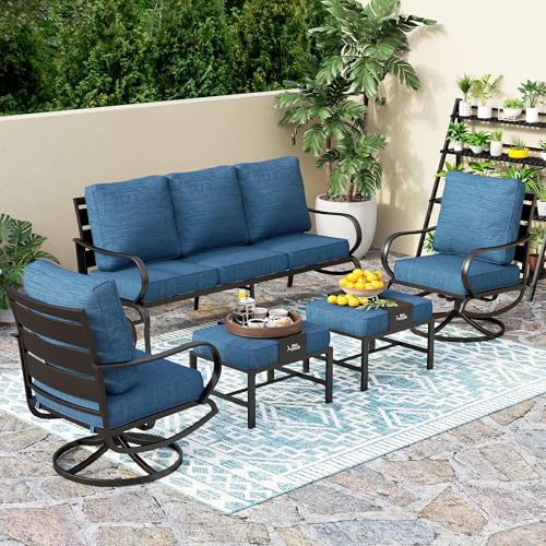 PHI VILLA 5 PCS Patio Furniture SetMetal Deluxe Patio Set with 1 x 3 Seater Deep Seating Bench 2 x Swivel Sofa Chairs 2 x Metal Cushioned Ottoman Outdoor Patio Set for Garden Peacock Blue