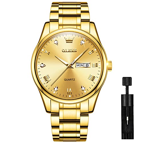 OLEVS All Gold Watches for Men Golden Tone Stainless Steel Watch Luxury Big Face Analog Mens Dress Watches with Day Date Classic Roman Numerals Diamond Dial Men Watch Waterproof Relojes para Hombres