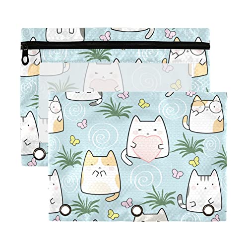 Kawaii - Estuche de plástico transparente impermeable con 3 anillas y diseño de gatos, diseño de mariposas y mariposas, color azul, con cremallera, organizador de documentos de oficina