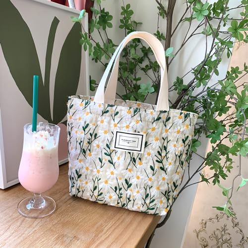 2PCS Small Tote Bag for Women Mini Canvas Embroidered Daisy Book Tote Bag Cute Corduroy Aesthetic Floral Reusable Bags for Grocery, Essentials, Water Bottle, Keys, Book, Bible2