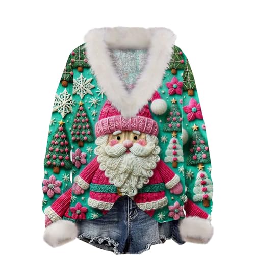 Suéteres de Navidad para mujer estilo sudadera verde de Papá Noel talla grande