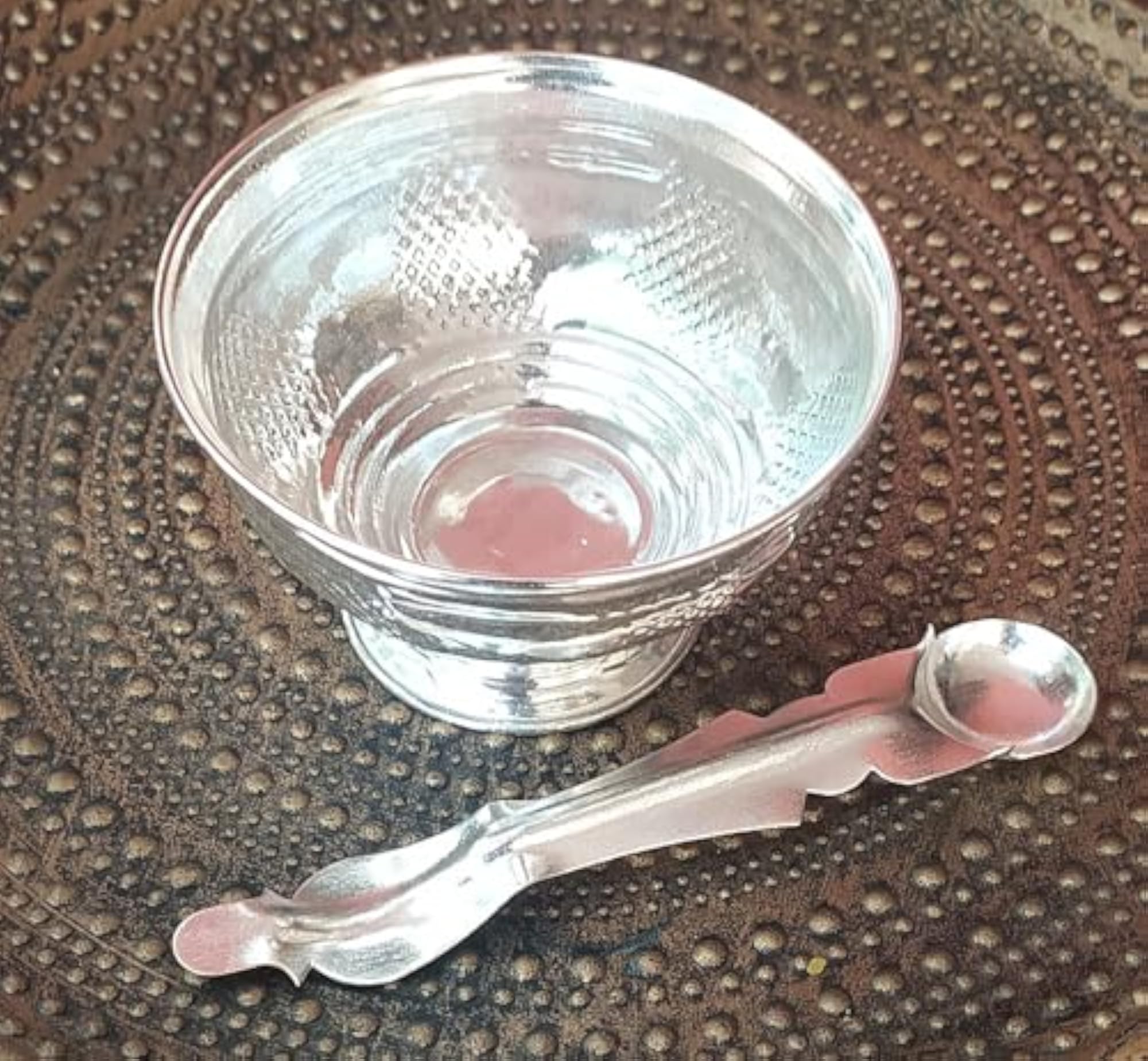 Plated Metal Pooja Bowl with Spoon for Rituals