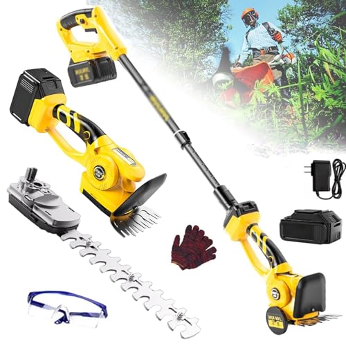 STWBHW Cortadora de césped eléctrica a batería, Cortasetos eléctrica, Cortasetos inalámbrica, Cortasetos Ajustable a 180° con 2 Cuchillas Intercambiables y Varilla telescópica, for jardín y arbustos.