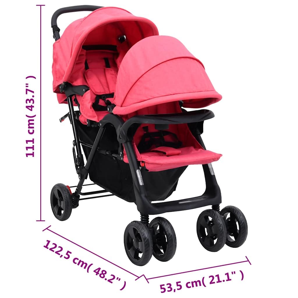 Passeggino gemellare, rosso, acciaio e lino, pieghevole, compatto, adatto per città e terreno, con tettuccio parasole e cestino, per neonati e bambini piccoli