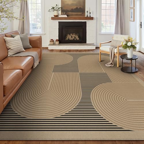 PureCozy 8x10 Modern Geometric Easy Jute Area Rug for Living Room Large Washable Indoor Outdoor Carpet Farmhouse Patio Office Mat Geometric Line Non Slip Black Carpet for Backyard Dining Roo