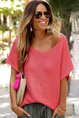 Casual Round Neck Short Sleeve Sweater: Red Clay Solid Color4