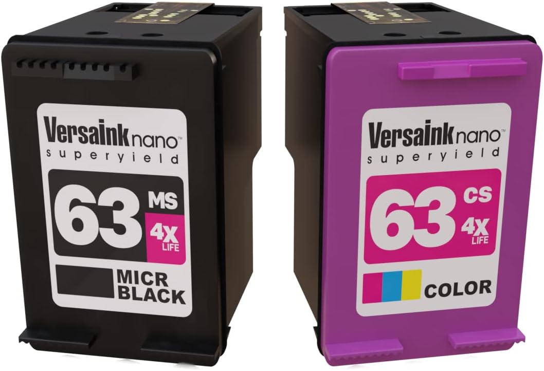 VersaInk-Nano HP 63 MS Black MICR Ink Cartridge for Check Printing & 63 CS Color Cartridge